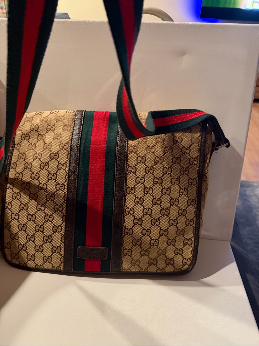 Gucci like Beige GG Canvas Messenger Bag with Red & Green Stripe - Picture 11 of 12
